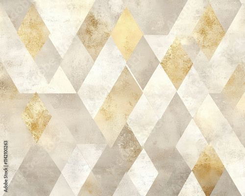 A wall with a pattern of triangles and squares in gold and white