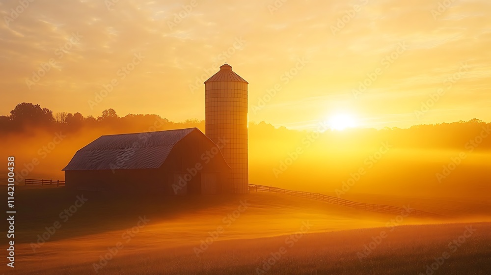 Golden Sunrise Over Foggy Farmland Barn And Silo Golden Sunrise Over Foggy Farmland Barn And Silo
