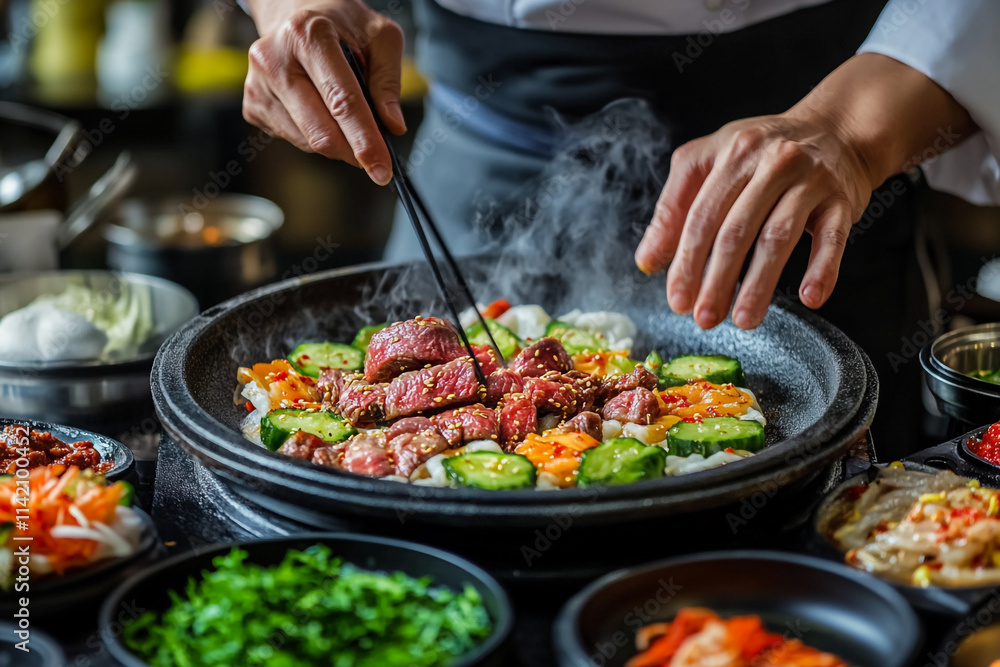 Cooking traditional Korean barbecue with fresh ingredients at a vibrant restaurant Cooking traditional Korean barbecue with fresh ingredients at a vibrant restaurant