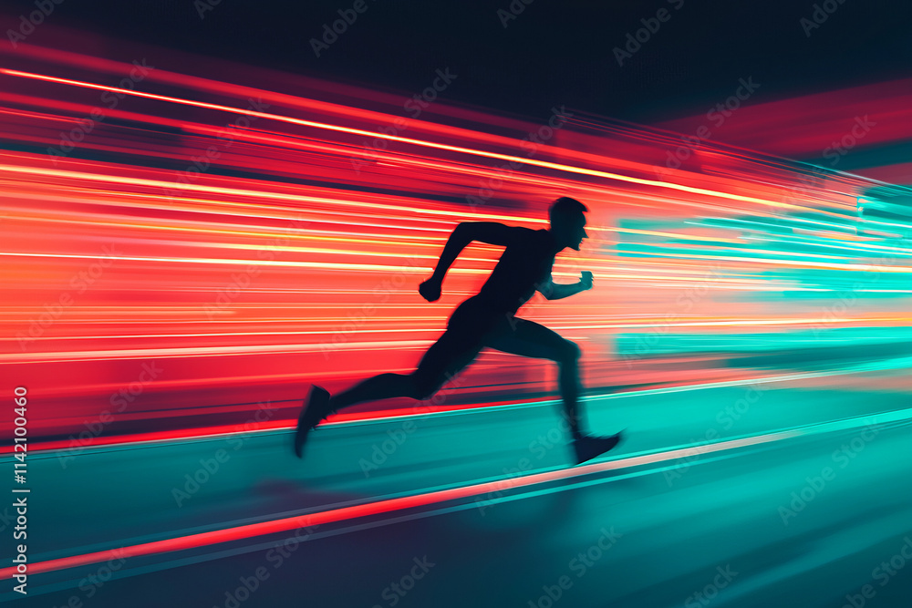 dynamic athlete mid stride on futuristic track with glowing neon lights, evoking speed and energy dynamic athlete mid stride on futuristic track with glowing neon lights, evoking speed and energy