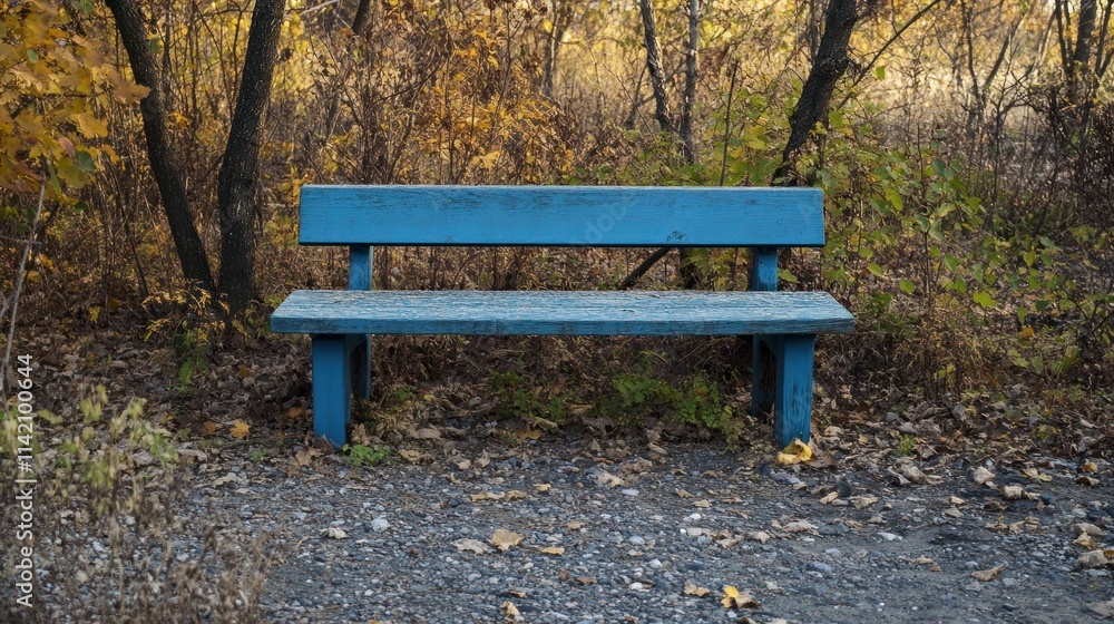 A blue bench in a serene, autumnal forest setting. A blue bench in a serene, autumnal forest setting.