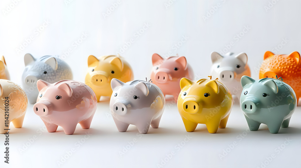 Piggy banks made of ceramic in different shapes (not just pigs) rendered in 3D and arranged on a white background, showing how to save money in various ways. Piggy banks made of ceramic in different shapes (not just pigs) rendered in 3D and arranged on a white background, showing how to save money in various ways.