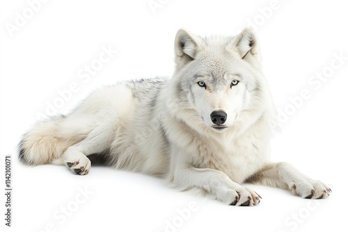 Calm white wolf lying on white background, looking at camera
