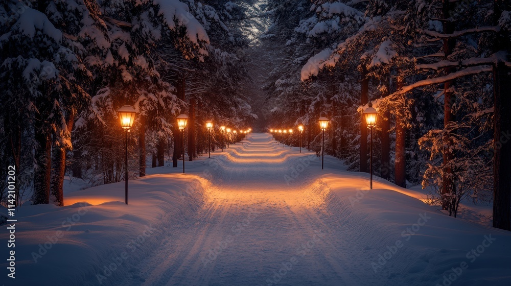Snowy forest pathway illuminated by glowing orange lanterns, serene evening, festive holiday lights, magical seasonal charm, peaceful winter atmosphere, Christmas scenery. Snowy forest pathway illuminated by glowing orange lanterns, serene evening, festive holiday lights, magical seasonal charm, peaceful winter atmosphere, Christmas scenery.