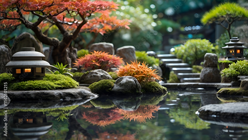 Fototapeta premium A serene high-tech Japanese garden with robotic drones pruning bonsai, koi ponds, stone lanterns, and holographic monitors displaying plant care details. 