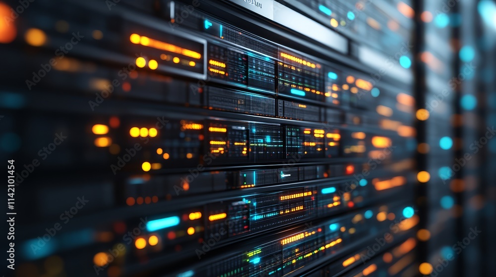 A close-up view of a modern server rack, showcasing illuminated data storage units with vibrant LED lights. A close-up view of a modern server rack, showcasing illuminated data storage units with vibrant LED lights.