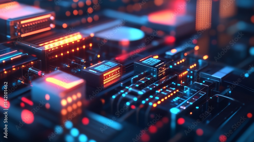 A vibrant close-up of a futuristic circuit board, featuring glowing components and intricate designs in blue and orange hues. A vibrant close-up of a futuristic circuit board, featuring glowing components and intricate designs in blue and orange hues.