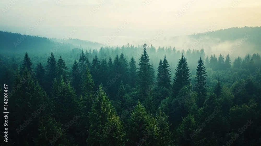 A breathtaking aerial view of an expansive evergreen forest stretching to the horizon. A breathtaking aerial view of an expansive evergreen forest stretching to the horizon.