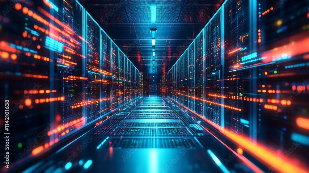 A futuristic server room with glowing lights and data streams, showcasing advanced technology and digital connectivity. A futuristic server room with glowing lights and data streams, showcasing advanced technology and digital connectivity.