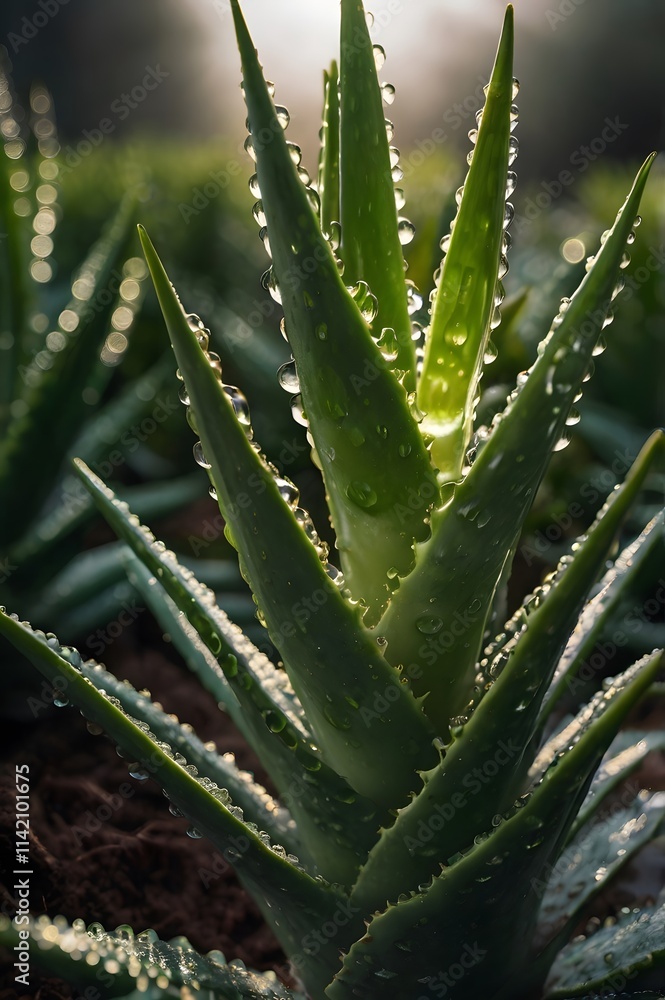 Fototapeta premium Close-Up View of Aloe Vera Plant with Water Droplets in Bright Light