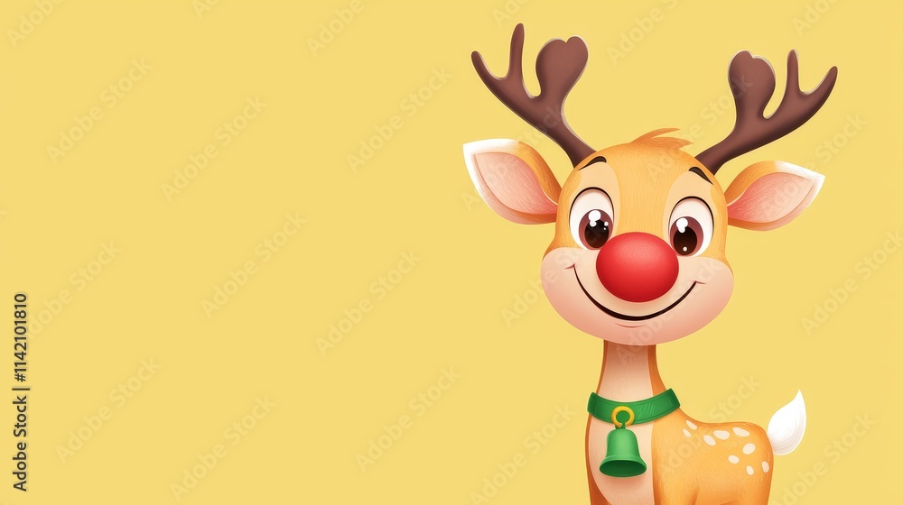 Christmas reindeer wearing a cheerful green collar with a bell, smiling joyfully against a bright yellow background, creating a whimsical touch for festive projects and holiday designs Christmas reindeer wearing a cheerful green collar with a bell, smiling joyfully against a bright yellow background, creating a whimsical touch for festive projects and holiday designs