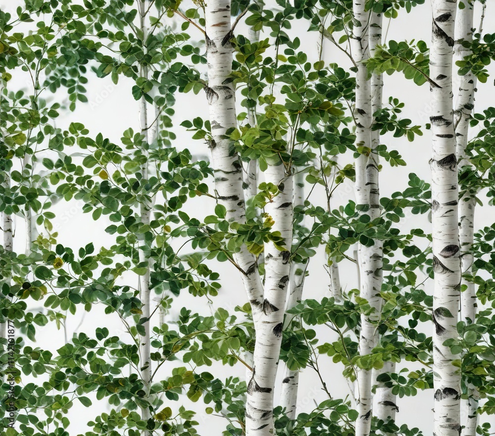 Fototapeta premium Dark green foliage of birch tree isolated on white background, green foliage, branch, birch leaf