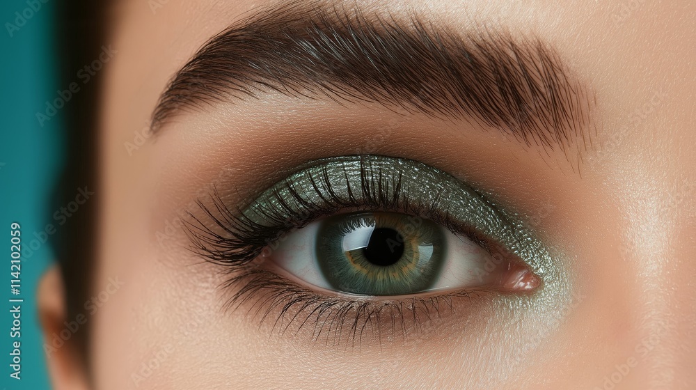 Close-up of a woman's eye featuring fashionable green eyeshadow, highlighting her captivating gaze and long, dark eyelashes, creating a striking and glamorous look Close-up of a woman's eye featuring fashionable green eyeshadow, highlighting her captivating gaze and long, dark eyelashes, creating a striking and glamorous look