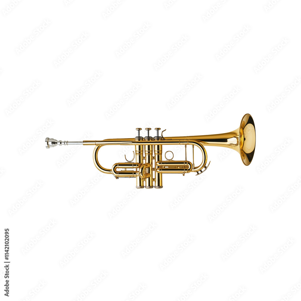 Obraz premium A shiny brass trumpet showcasing its elegant design and rich musical heritage, perfect for music enthusiasts and artists isolated on transparent white background, png