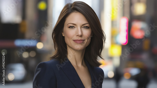 Portrait of a confident businesswoman smiling while standing in times square, new york city, surrounded by vibrant, blurred city lights creating a dynamic urban backdrop