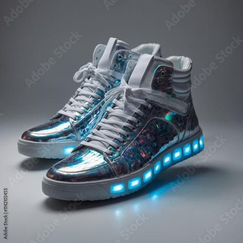 Futuristic holographic sneakers glowing faintly on white.