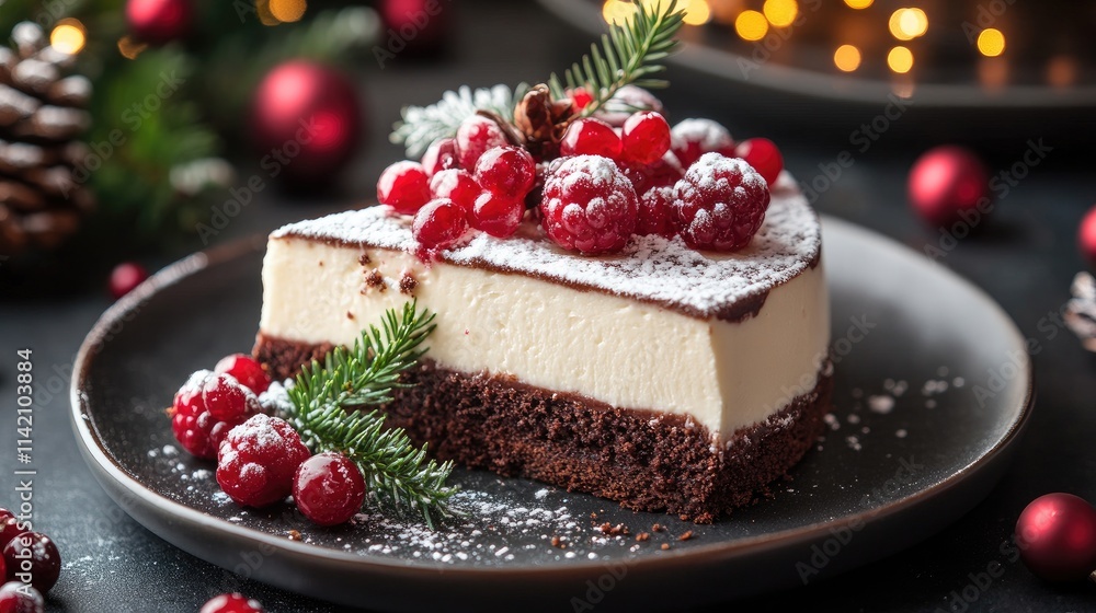 Delicious cheesecake topped with vibrant red berries and festive greenery, elegantly presented on a dark plate. Perfect for holiday themes, celebrations, or promoting Christmas desserts. Delicious cheesecake topped with vibrant red berries and festive greenery, elegantly presented on a dark plate. Perfect for holiday themes, celebrations, or promoting Christmas desserts.