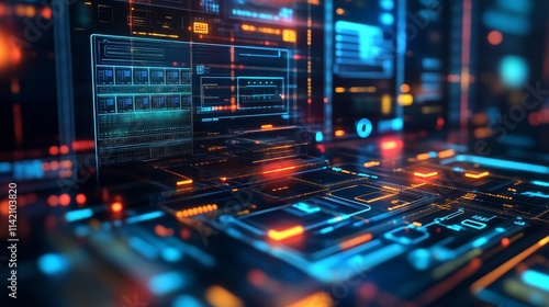 Wallpaper Mural A futuristic digital interface with glowing screens and vibrant colors, depicting advanced technology and data visualization. Torontodigital.ca