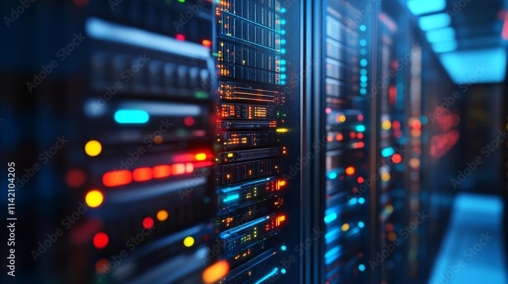 A high-tech data center with illuminated servers showcasing vibrant lights and sleek design, symbolizing advanced technology and data management. A high-tech data center with illuminated servers showcasing vibrant lights and sleek design, symbolizing advanced technology and data management.