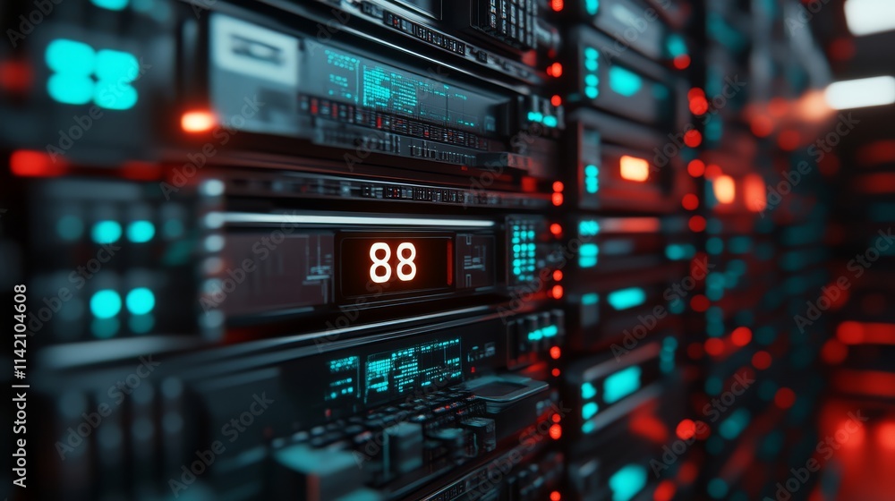 A close-up view of a modern server rack, showcasing illuminated interfaces and a digital display, reflecting advanced technology in data storage. A close-up view of a modern server rack, showcasing illuminated interfaces and a digital display, reflecting advanced technology in data storage.