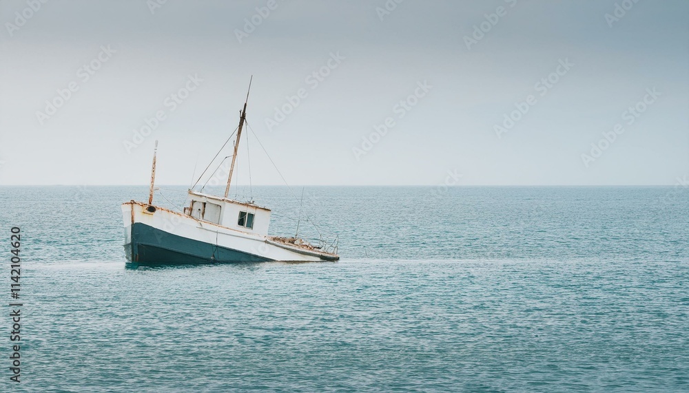 Obraz premium 물속에 반쯤 가라앉은 작은 배, 파도 위로 흔들리는 반파된 배의 일부