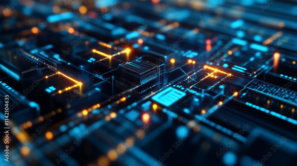 A vibrant close-up of a digital circuit board, showcasing intricate pathways and glowing elements in blue and orange hues, highlighting technology and innovation.