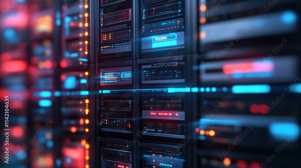 A close-up view of a modern data center featuring illuminated server racks with vibrant blue and orange lights. A close-up view of a modern data center featuring illuminated server racks with vibrant blue and orange lights.