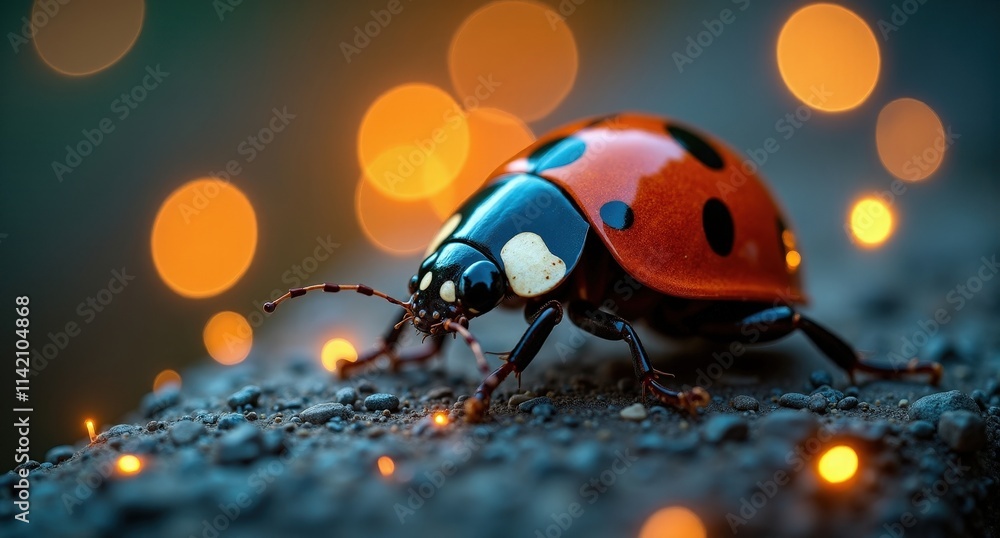 Fototapeta premium Ladybug (Spring) – A small, red and black ladybug resting on a green leaf, surrounded by soft golden fireflies and a purple and silver backdrop.
