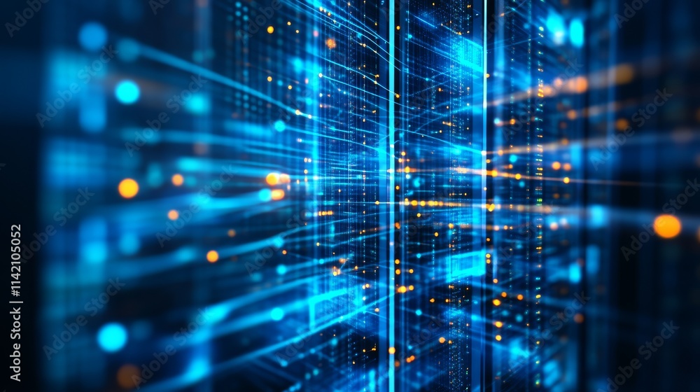 A vibrant, abstract representation of digital data flowing through a futuristic network, illuminated by blue and orange light. A vibrant, abstract representation of digital data flowing through a futuristic network, illuminated by blue and orange light.