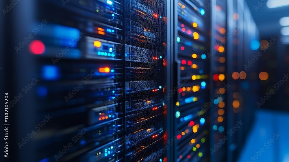 A close-up of data servers with glowing lights, showcasing the intricate technology behind modern data storage and processing.