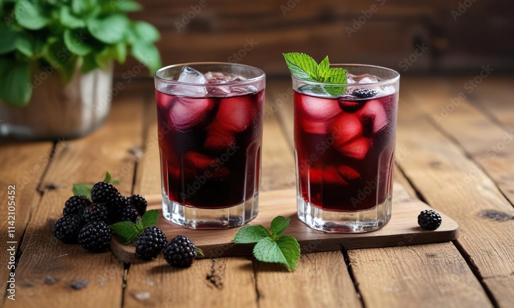 A glass of blackberry cocktail with ice and a sprig of mint on a wooden background, fruity flavor, refreshing mix A glass of blackberry cocktail with ice and a sprig of mint on a wooden background, fruity flavor, refreshing mix