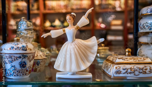 ヨーロッパのビンテージの収集品が並んだガラスの棚に置かれた磁器のバレリーナの置き物（A porcelain ballerina figurine sits on a glass shelf among vintage European collectibles）
 photo