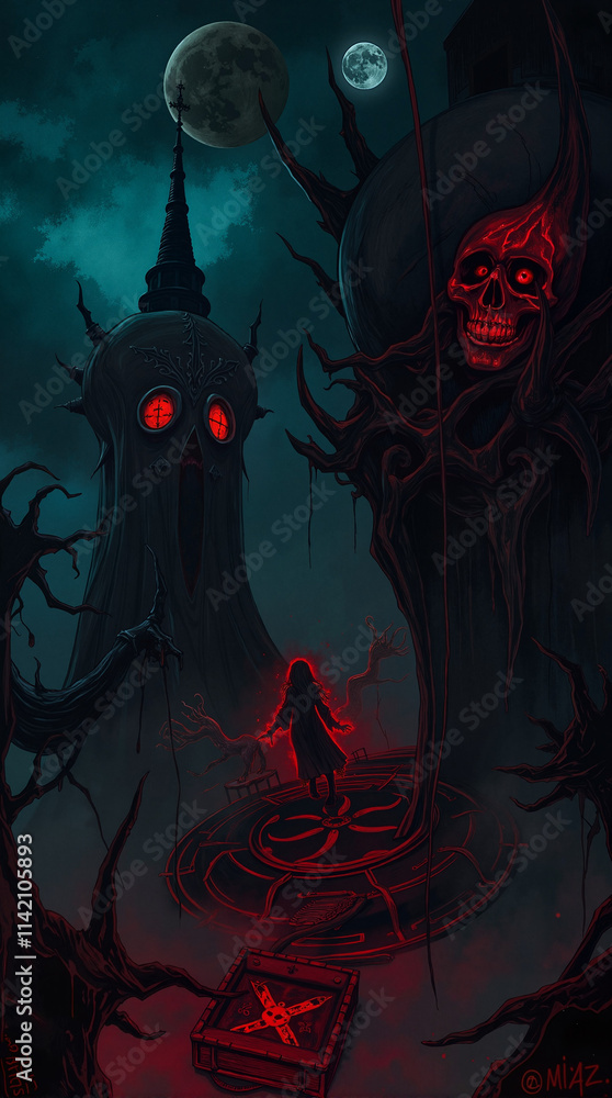 Dark gothic fantasy scene with red glowing symbols, perfect for eerie phone wallpaper. Dark gothic fantasy scene with red glowing symbols, perfect for eerie phone wallpaper.