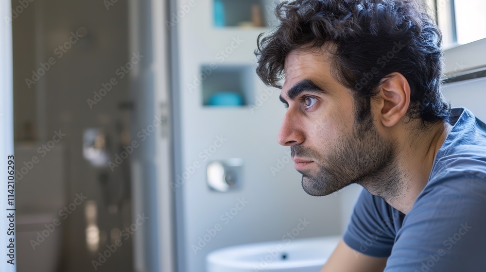 Close-up of man sitting on modern toilet looking slightly uncomfortable, clean minimalistic bathroom environment with copy space for text. Close-up of man sitting on modern toilet looking slightly uncomfortable, clean minimalistic bathroom environment with copy space for text.