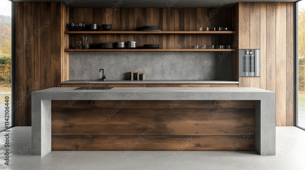 Modern kitchen with concrete island and wooden cabinets. Modern kitchen with concrete island and wooden cabinets.
