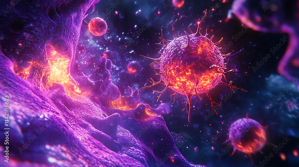 Microscopic Battle: A vibrant, abstract depiction of a microscopic battlefield, where glowing, fiery cells clash with a shimmering, purple-hued environment. Microscopic Battle: A vibrant, abstract depiction of a microscopic battlefield, where glowing, fiery cells clash with a shimmering, purple-hued environment.