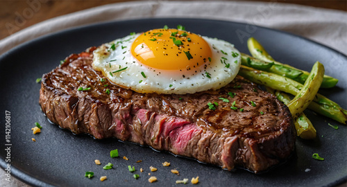 Cooked steak with a beautiful sear, topped with a sunny-side-up fried egg