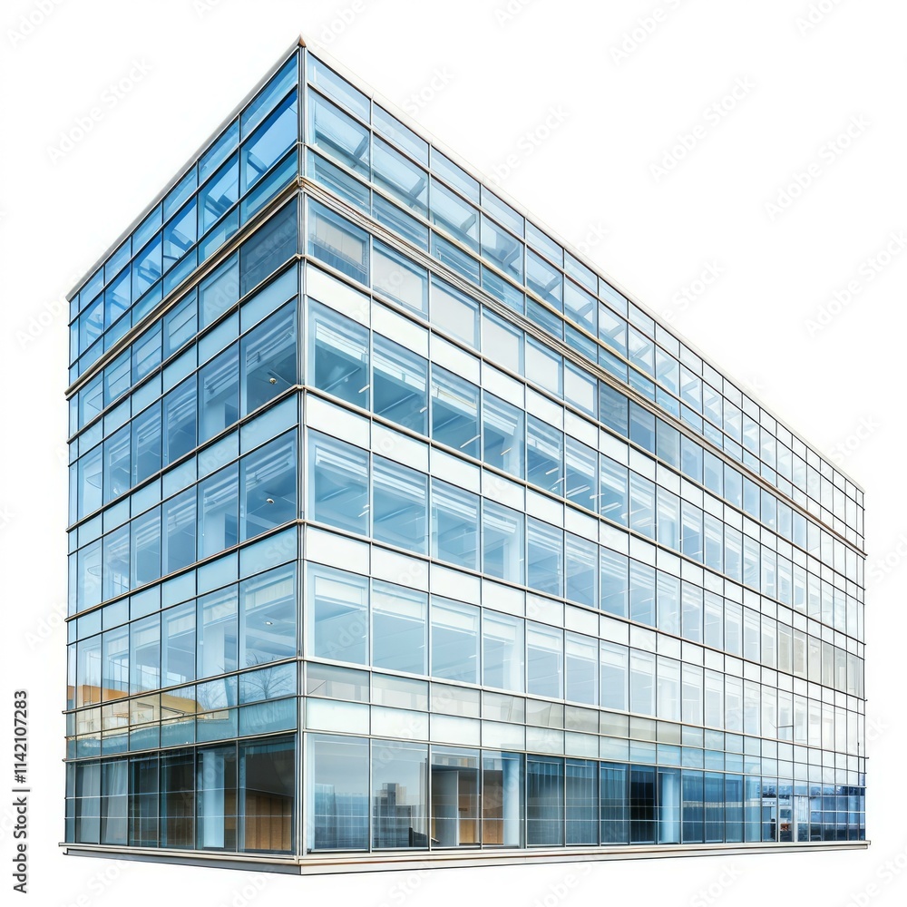 Modern office building with a glass facade reflecting the sun on a bright day Modern office building with a glass facade reflecting the sun on a bright day