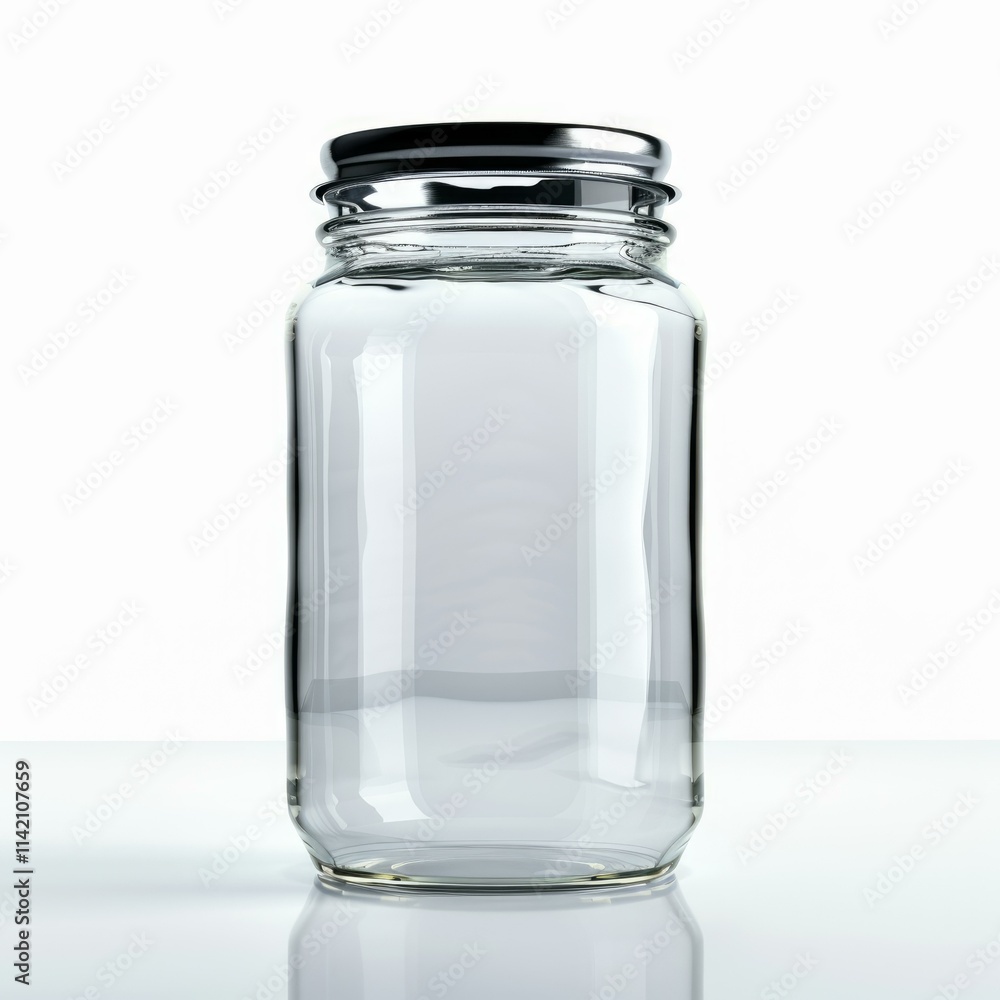Empty glass jar with a metal lid is standing on a white background and reflecting on its surface Empty glass jar with a metal lid is standing on a white background and reflecting on its surface