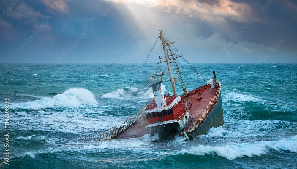 Generated 물속에 반쯤 가라앉은 작은 배, 파도 위로 흔들리는 반파된 배의 일부mage