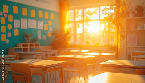 A bright classroom where students use glowing badges to track skillbuilding milestones, sunlight reflecting off their desks photo