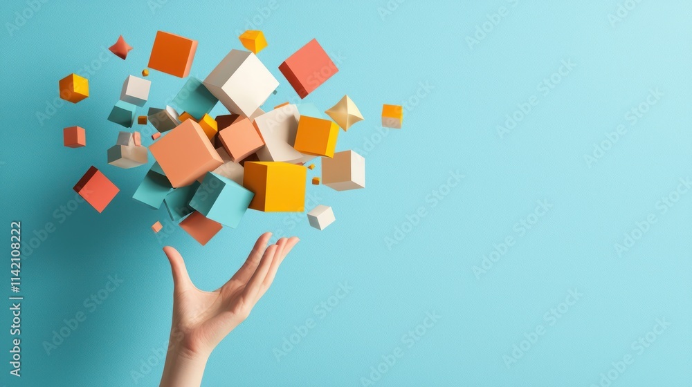 A hand reaches out as colorful geometric blocks float above, creating a playful and vibrant scene against a blue background. A hand reaches out as colorful geometric blocks float above, creating a playful and vibrant scene against a blue background.