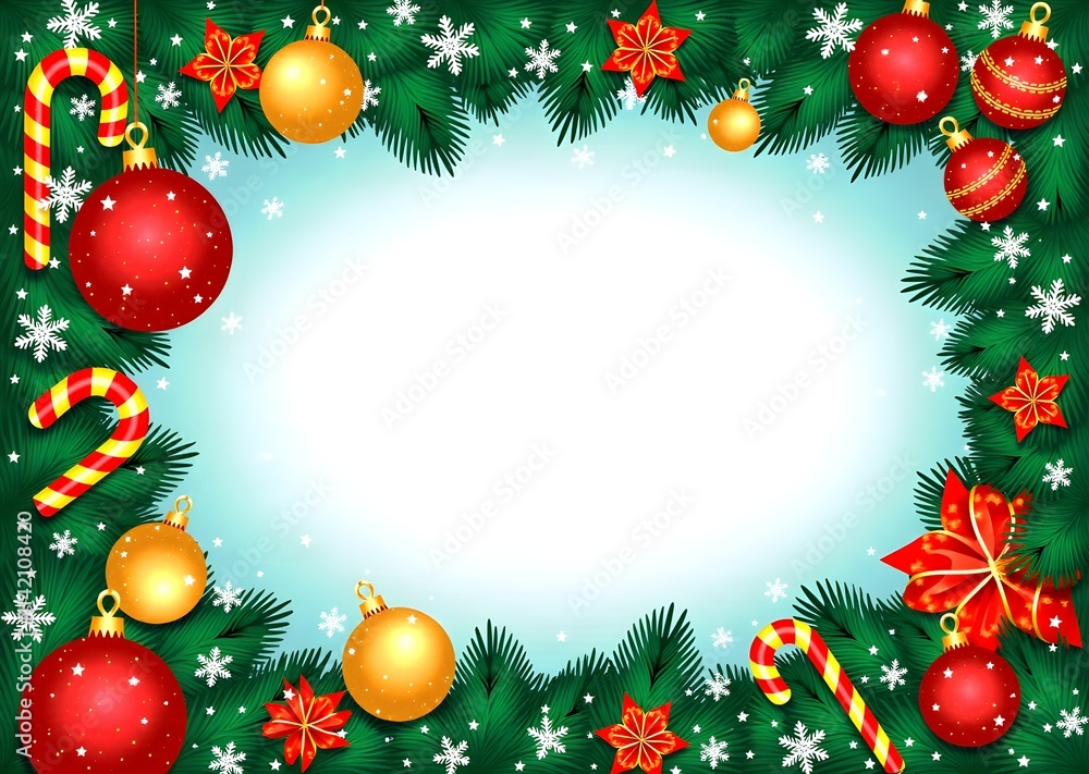 Naklejka premium Christmas background with garland, ornaments, stars, and red and gold glitter decorations. Perfect for holiday banners and party posters