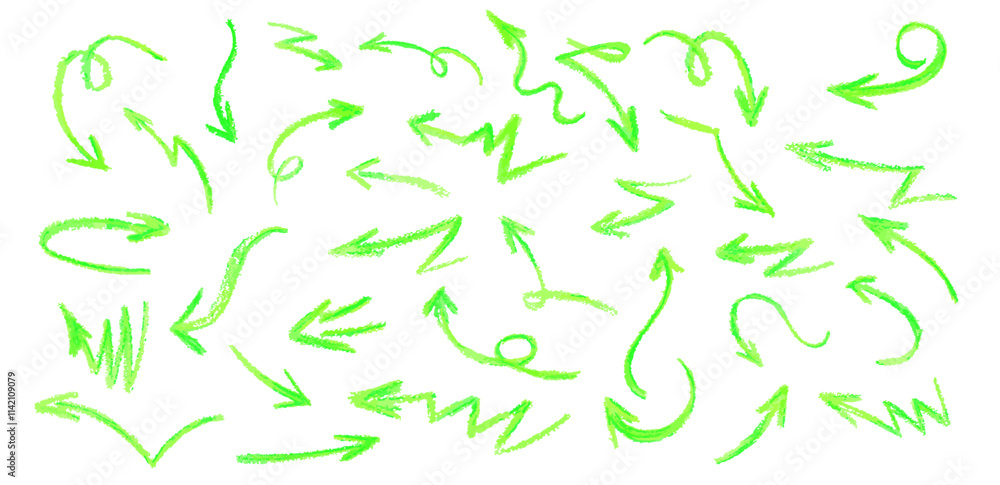 Neon green arrows set. Wax crayon drawing grafitti elements in acid green color. Collection of vector charcoal outline symbols of direction indicators. Graffiti lightning icons Children drawing style. Neon green arrows set. Wax crayon drawing grafitti elements in acid green color. Collection of vector charcoal outline symbols of direction indicators. Graffiti lightning icons Children drawing style.