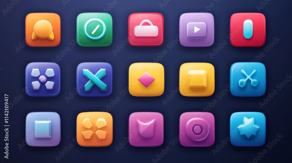Set of game ui app icons, square buttons, cartoon menu interface colorful blocks. Gui graphic design elements for user panel settings red, blue, yellow, green, purple isolated 2d vector illustration Set of game ui app icons, square buttons, cartoon menu interface colorful blocks. Gui graphic design elements for user panel settings red, blue, yellow, green, purple isolated 2d vector illustration