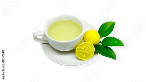 Wallpaper Mural A cup of lemon wedang or lemon tea in a cup and saucer served with lemon slices on a white background. A cup of hot lemon juice for health. Torontodigital.ca