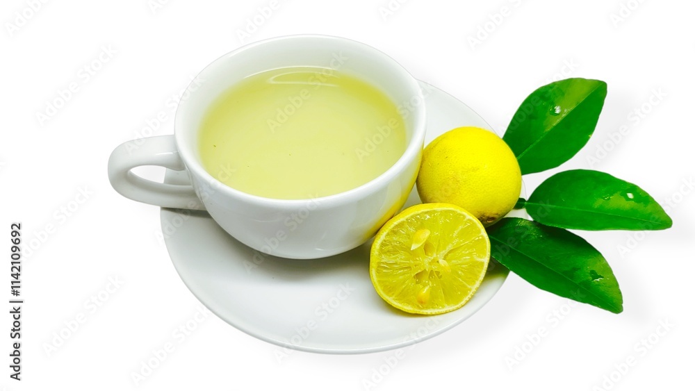 A cup of lemon wedang or lemon tea in a cup and saucer served with lemon slices on a white background. A cup of hot lemon juice for health. A cup of lemon wedang or lemon tea in a cup and saucer served with lemon slices on a white background. A cup of hot lemon juice for health.