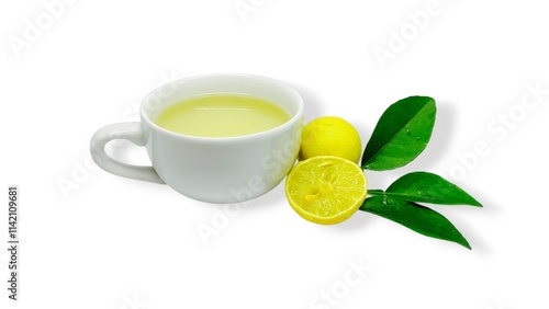 A cup of lemon wedang or lemon tea in a cup and saucer served with lemon slices on a white background. A cup of hot lemon juice for health.