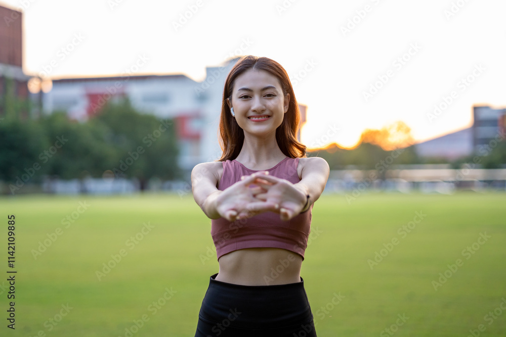 Healthy and fit asian woman wearing sportswear warming up in the park at sunrise. Confident young female stretching body before Workout exercise in the afternoon. Healthy lifestyle concept. Healthy and fit asian woman wearing sportswear warming up in the park at sunrise. Confident young female stretching body before Workout exercise in the afternoon. Healthy lifestyle concept.