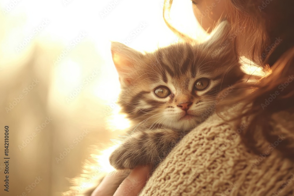 Close-Up View of a Person Gently Holding a Kitten in a Warm and Cozy Clinic Room during Checkup with Soft Lighting in a Comfortable Atmosphere Close-Up View of a Person Gently Holding a Kitten in a Warm and Cozy Clinic Room during Checkup with Soft Lighting in a Comfortable Atmosphere